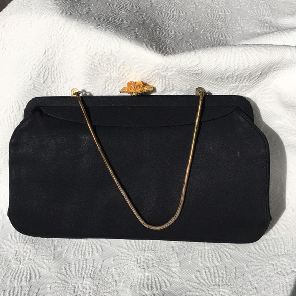 VINTAGE Black satin handbag w/ comb & mirror - Picture 2 of 9